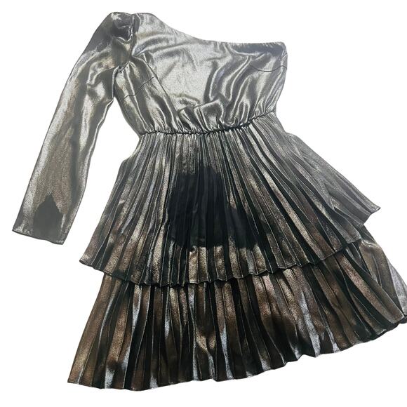 Derek Lam Metallic One Shoulder Pleated Dress Size Black Silver Size EU 36 - Picture 3 of 12